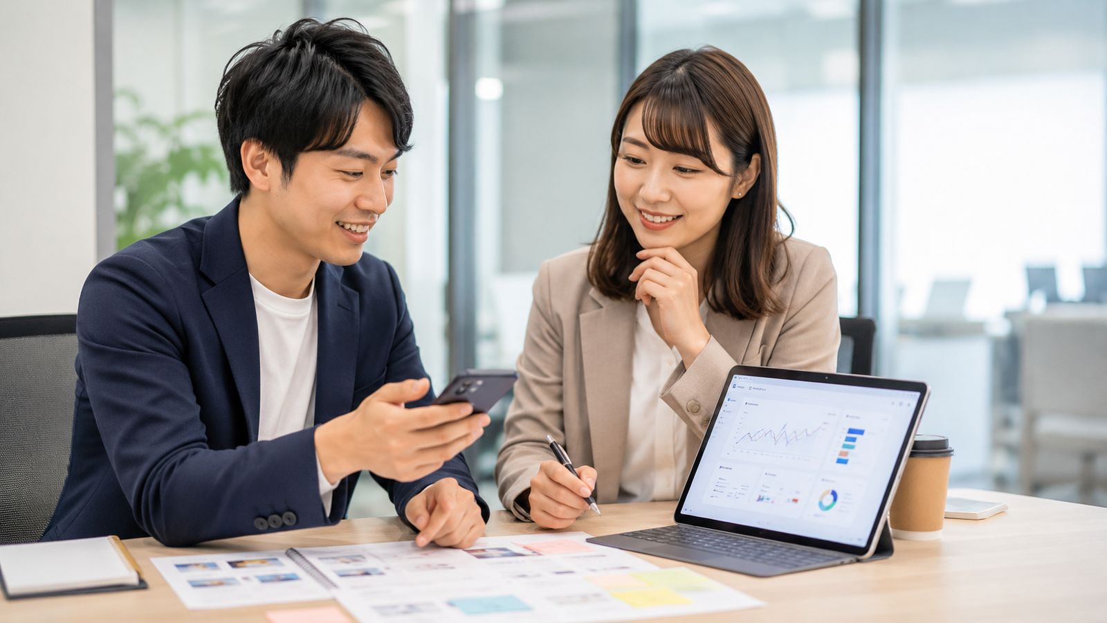 タブレットの画面を見ながら業務改善を相談する2人